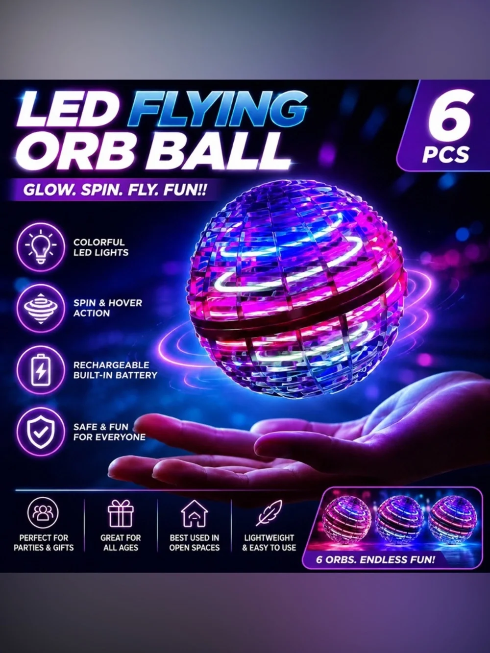 6PCS LED Flying Orb Ball 6 Pack Glow Spinning Boomerang Toy